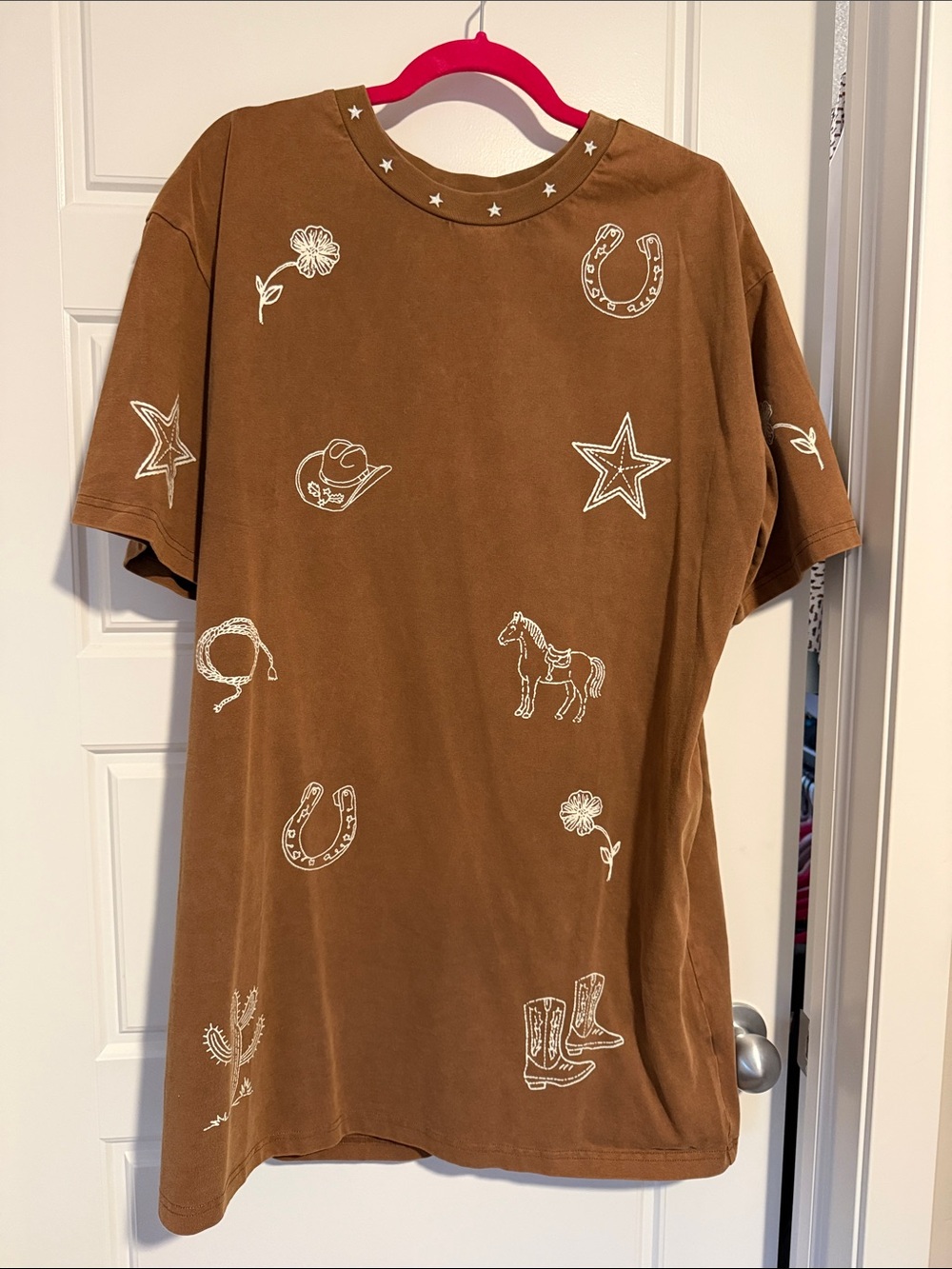 Brown Western Graphic Tee dress with pockets with White Line Art